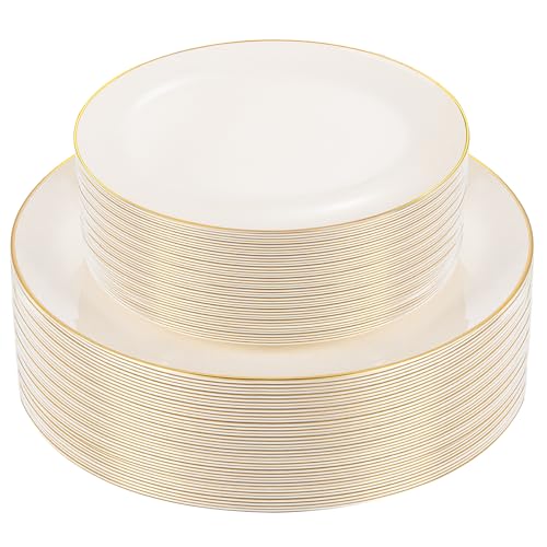 PULOTE 60 PCS Ivory Plastic Plates - Cream Plastic Disposable Include 30 Dinner and 30 Dessert Plates with Gold Rim - Ideal for Party & Wedding PULOTE 60 PCS Ivory Plastic Plates - Cream Plastic Disposable Include 30 Dinner and 30 Dessert Plates with Gold Rim - Ideal for Party & Wedding