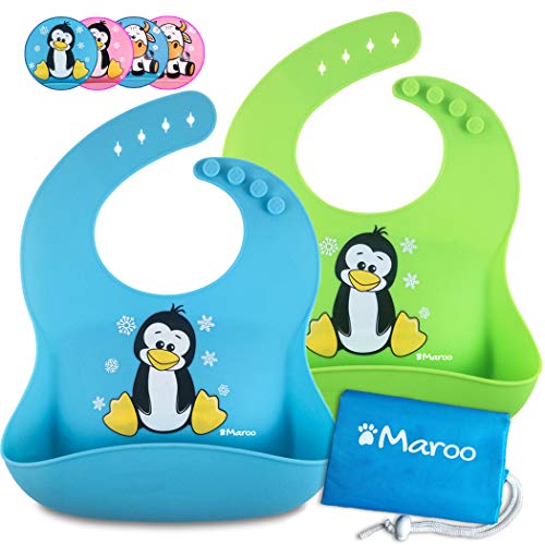 Bavaglini impermeabili in silicone alimentare di alta qualità per neonati e bambini da 6 mesi a 4 anni, ampia tasca, morbidi, comodi da pulire, ripiegabili nella borsetta in regalo. Ideali per l'asilo