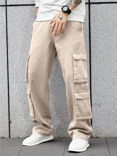 Image of Men's 8 Pocket Cargo Pants | Premium Cotton Twill Baggy Fit Trousers | Stretchable Casual Streetwear Cargos | Mid Rise