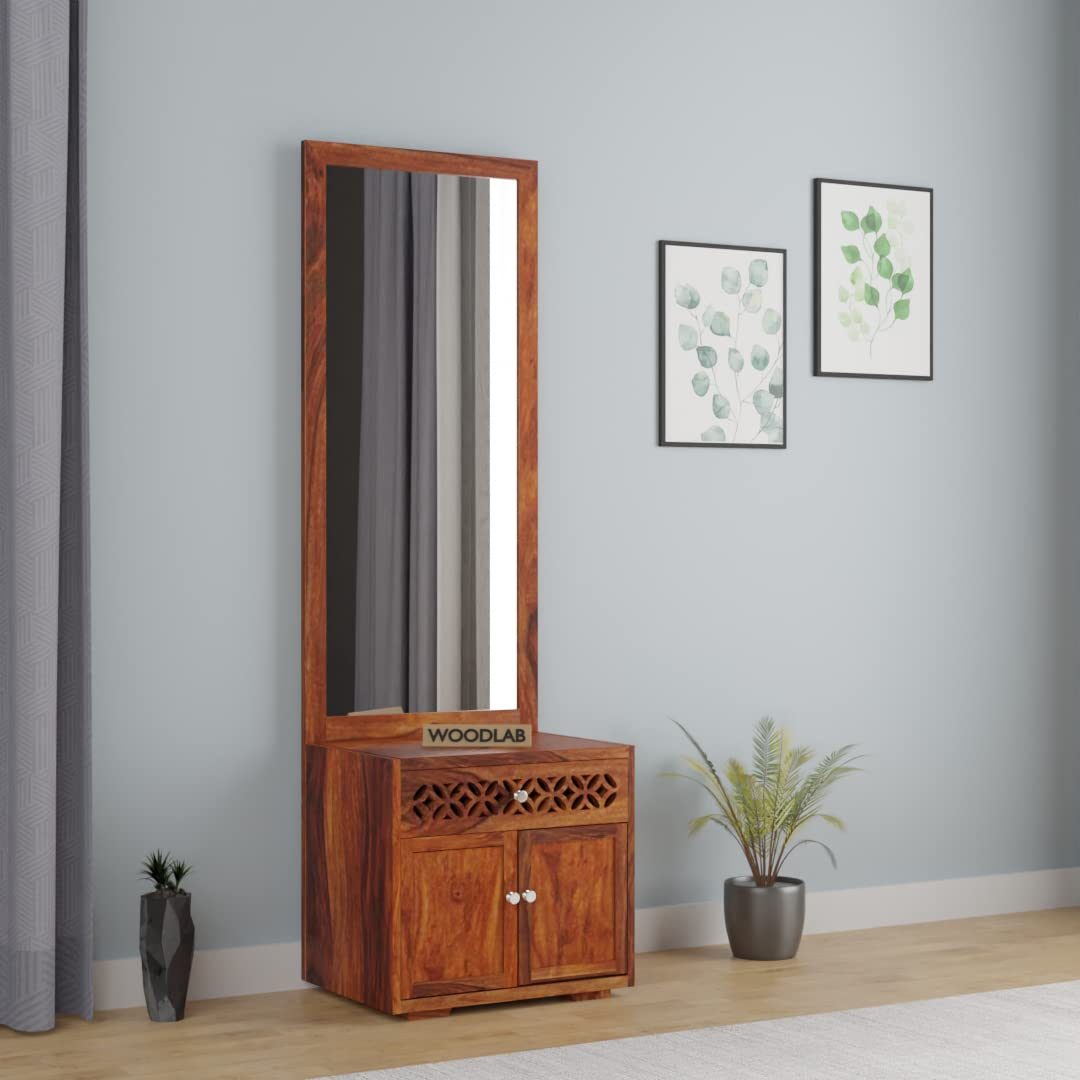 WOODLAB Furniture Sheesham Wood Dressing Table Mirror with Drawer and Cabinet Storage for Bedroom Home Solid Wooden Dressers for Living Room Hall - Honey Finish-image-40