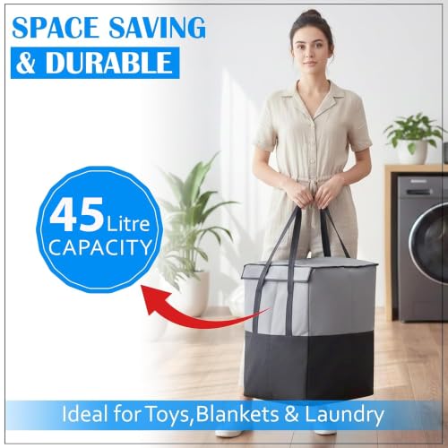 Image of GLUN Grey & Black Regular Use Rectangle Shape Hamper Bag, Pack of 1 Laundry Bag, Perfect for Storing & Organise Clothes, Lightweight, & Double Side Handle Easy to Carry