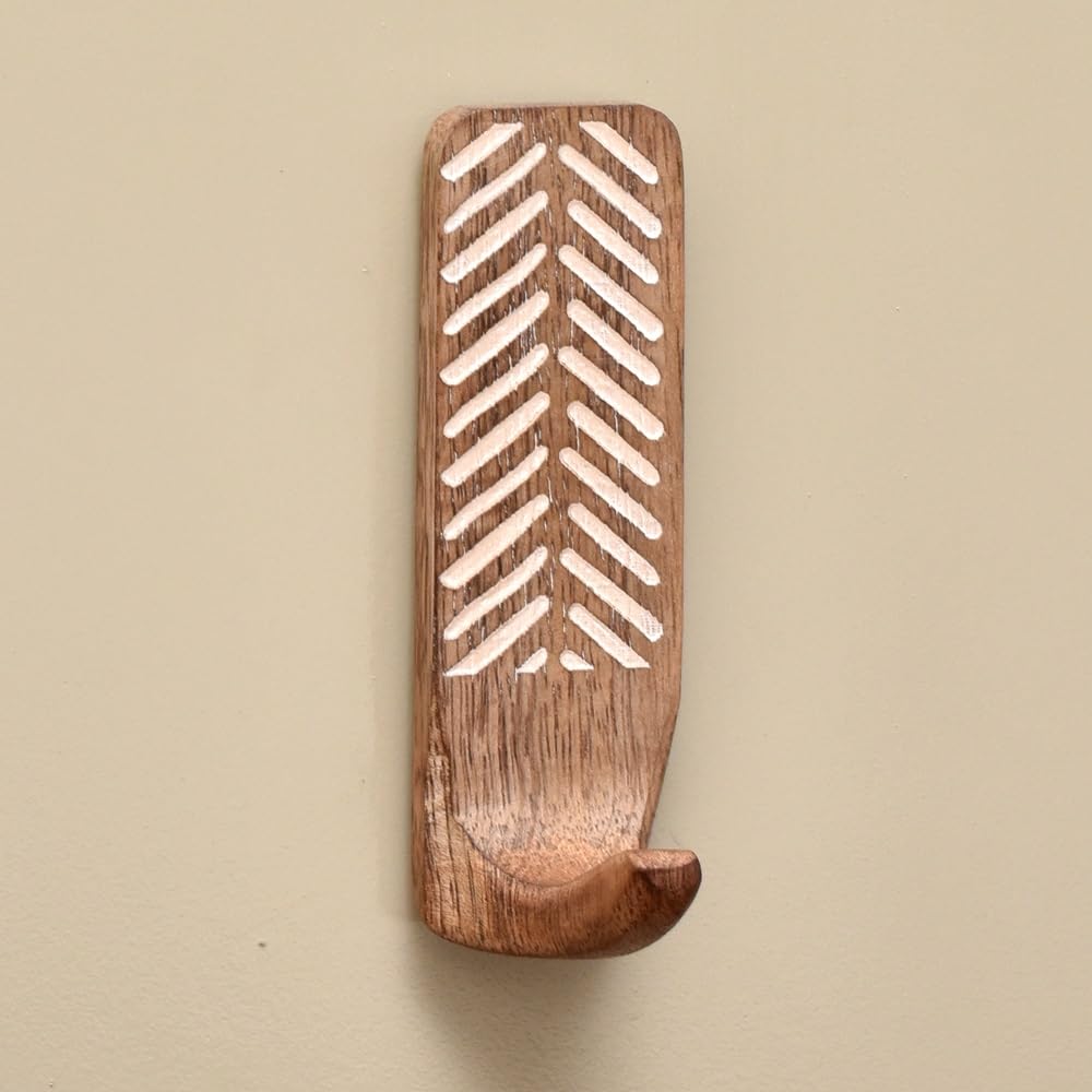 Indian-Shelf 6 Piece Wood Wall Hooks-Adhesive Wall Hooks-Boho Key Decorative Wall Hooks For Hanging-Wood Hangers-Sticky Coat Hooks Wall Mount-Wooden Towel Hooks For Bathroom Wall Mounted-Style 2