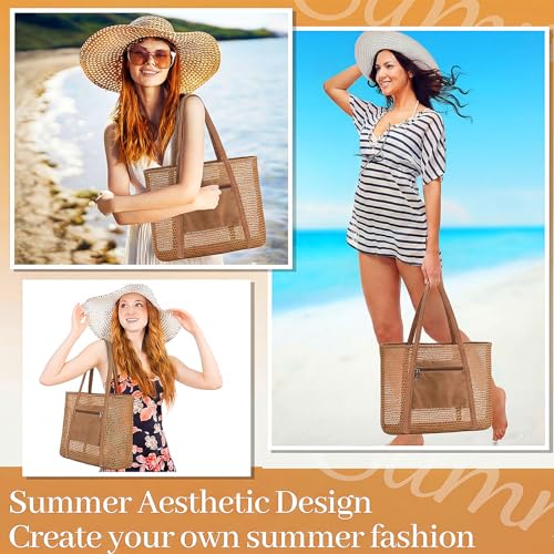Image of Aliceset 2 Pack Crochet Mesh Beach Tote Bag with Letter Patch Pocket Summer Beach Tote Bohemian Straw Transparent Bag