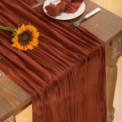 DeZerlor Terracotta Cheesecloth Table Runner 10 Pack Fall Burnt Orange Cheese Cloth Table Runners 120 Inches Rust Thanksgiving Fall Table Decorations for Friendsgiving Wedding Bridal Baby Shower Party