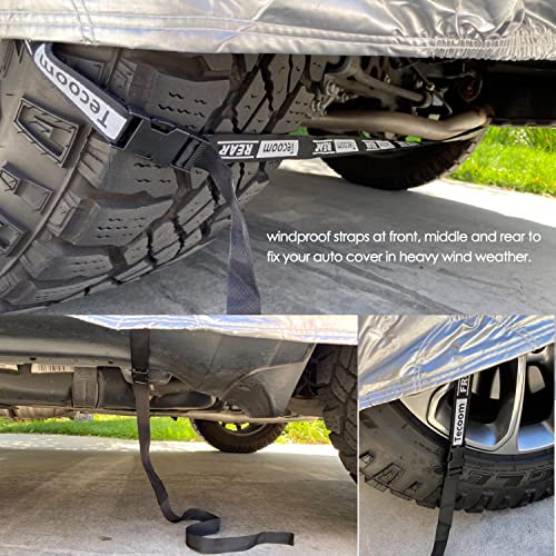 Image of Tecoom Heavy Duty Multiple Layers Car Cover All Weather Waterproof Windproof Reflective Snow Sun Rain Protective Outdoor with Buckles and Belt Fit 191-200 Inches Sedan