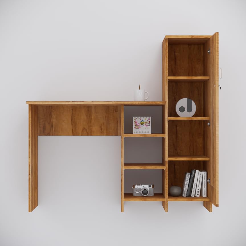 Image of SPECIALITY PANELS Multipurpose | Hutch Desk | Study Table | Engineered Wood | Termites Resistance | 3, 4 Shelves with Door & Beautiful Aluminium Silver Metal Handle in CochWood Dark