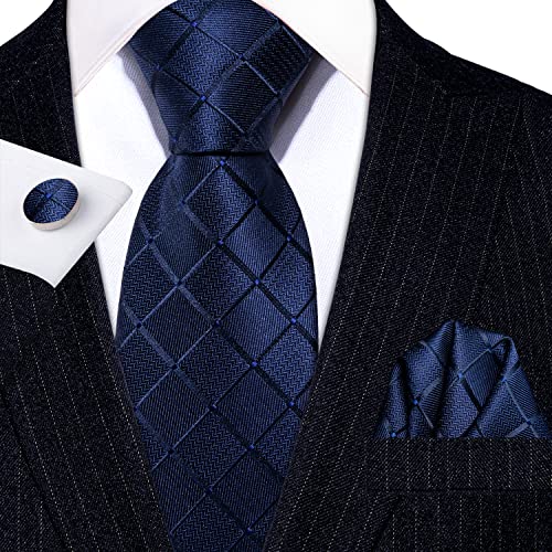 Image of Barry.Wang Plaid Ties Check Mens Necktie Set with Handkerchief Cufflinks Classic Stripe