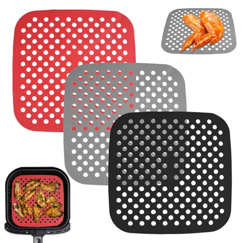 3 Piezas Almohadilla de Freidora Aire Cuadrado, 21.5x21.5cm Silicona Perforada para Freidoras de Aire,Alfombrilla para Freidora Fácil de Limpiar,Alfombrillas de Silicona Reutilizables Air Fryer Liner