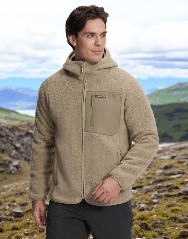 Pioneer Camp Giacca in pile da uomo con cappuccio, calda, traspirante, con chiusura lampo, per attività all'aria aperta, con 5 tasche, per escursioni, trekking