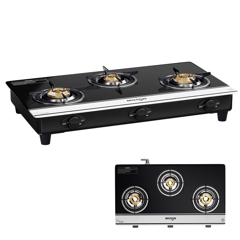 Milton Ignis Pro 3 Burners Auto Ignition Gas Stove | ISI Certified | 6mm Toughened Glass Top | 360 Degree Nozzle | Heavy Pan Support | Pure Brass Burners | 1 Year Manufacturer's Warranty-Black & White