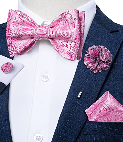 Image of DiBanGu Paisley Bow Ties for Men Silk Self Tied Bowtie and Pocket Square Cufflinks with Lapel Pin for Wedding Party