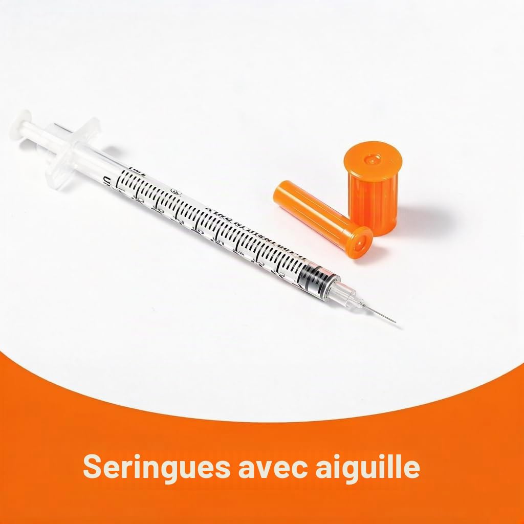 Seringue à insuline avec aiguilles, U-100 1ml/cc, 30G 5/16" (8 mm) Boîte de 50 seringues de fournitures de laboratoire emballées individuellement