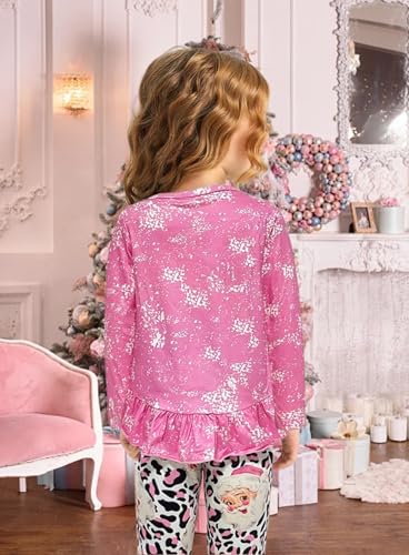 Image of Toddler Little Girl Christmas Outfit - Pink Santa Claus Clothes Long Sleeve Ruffle Top Leopard Print Flare Pant Set