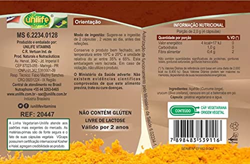 Unilife Cúrcuma Açafrão +cenoura, urucum, beterraba 500mg 60 cápsulas