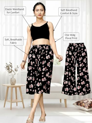 Image of Viscose Rayon Flared Printed Plazzo Palazzo Pants, Loose /Relaxed Fit Regular, Office Wear, Casual Wear Comfortable, Trouser Pants for Girls & Women Black Kerri Design (S to 3XL Size)