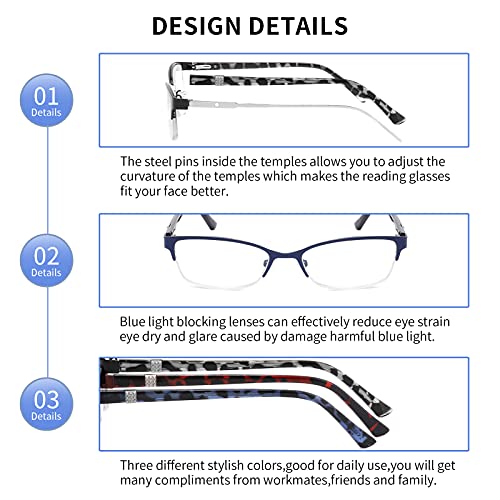 Crgatv 3-Pack Reading Glasses For Women Blue Light Blocking Metal Half Frame Computer Readers Anti Uv/Eye Strain/Glare (+2.5 Magnification Strength) #TOP3