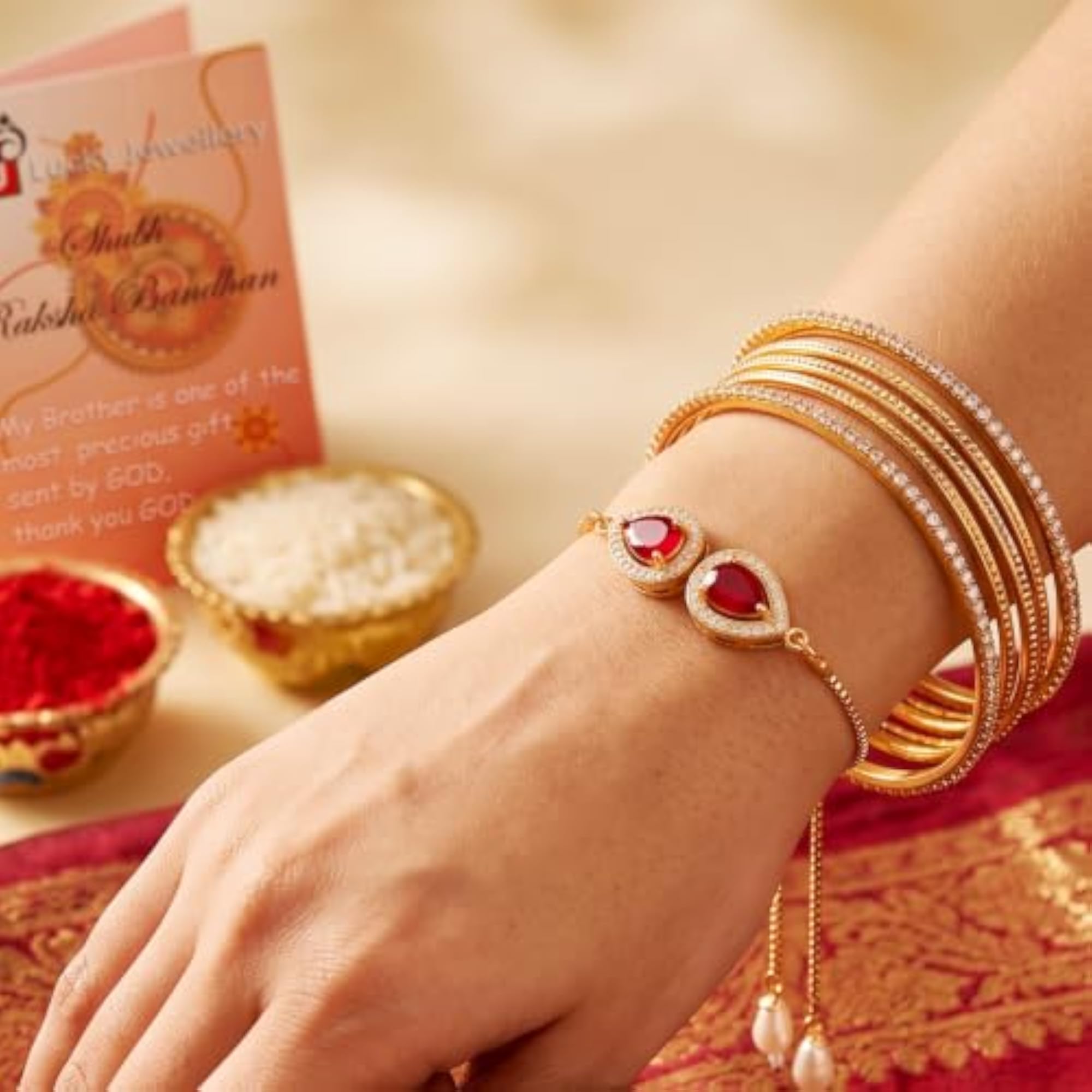 Rakhi Bracelet with Drop AD Pendant, Roli Chawal & Card