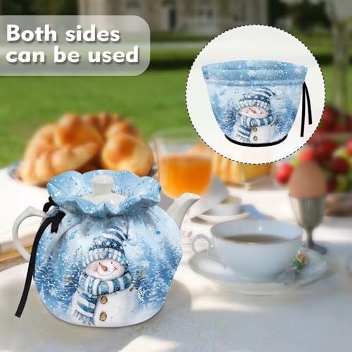Image of Xoenoiee Christmas Snowman Blue Pattern Tea Cozy Tea Cosy for Teapots Keep Warm Teapot Cover Insulated Kettle Cover for Home Kitchen Table Decor