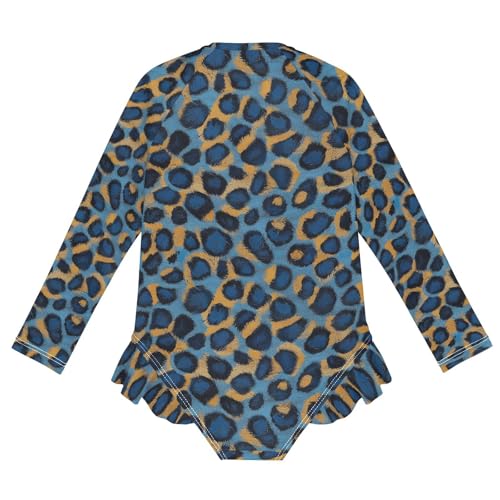 Girls Swimsuit Leopard Skin Blue Long Sleeve One Piece Bathing Suit for Kids UPF 50+ Rash Guard Swimwear 3-122