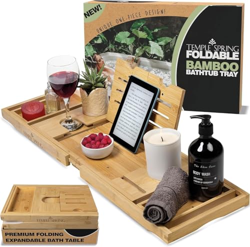 Temple Spring Plateau de Bain Pliable, Étagère de Bain en Bois Extensible, Planche Spa pour Adultes, Caddy de Baignoire, Set Accessoires Salle de Bain en...