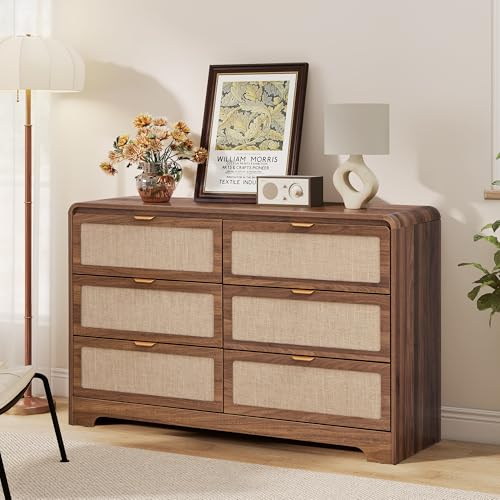 Image of 48 inch Modern 6 Drawer Dresser for Kids Bedroom, Mid Century Wooden Dresser Chest of Drawers with Natural Linen, Curved Profile Closet Clothes Storage Organizer for Living Room, Nursery,Walnut