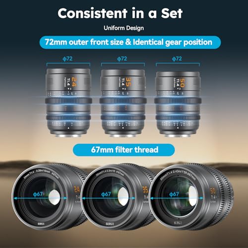 SIRUI VP-1 Vision Prime 1 T1.4 Full Frame Cine Lens Set, 24mm, 35mm, 50mm Manual Focus Cinema Lens with Pre-Installed E Mount, Interchangeable RF/Z/L Mounts (Metal Gray)