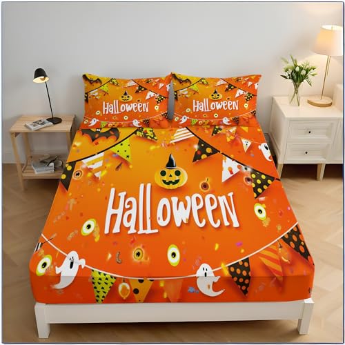 Sábanas 90X190cm - Juego Sábanas 3 Piezas Decoraciones para Fiesta Halloween - Suave Transpirable Sábana Bajera Ajustable Y Funda Almohada -Ropa Cama Naranja, Banderines Coloridos con Diseño Calabaza