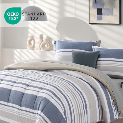 Image of Monbix Queen Comforter Set - 7 Pieces Bed in a Bag Queen, Ocean Blue-Stripe Bedding Sets, All Seasons Comforter Bed Set with Sheets, Pillowcases & Shams