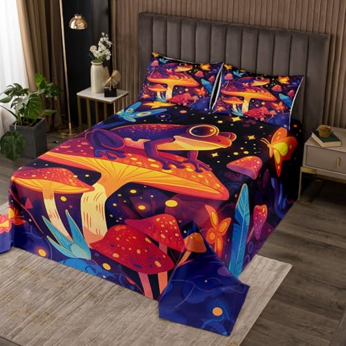 Manfei Colorful Mushroom Quilts Set for Kids,Dreamy Jungle Night 3Pcs Bedspread Coverlet Set,Wild Fungus Plant Frog Bed Cover Set,Glitter Starry Sky Bedspread Coverlet with 2 Pillowshams (King Size)