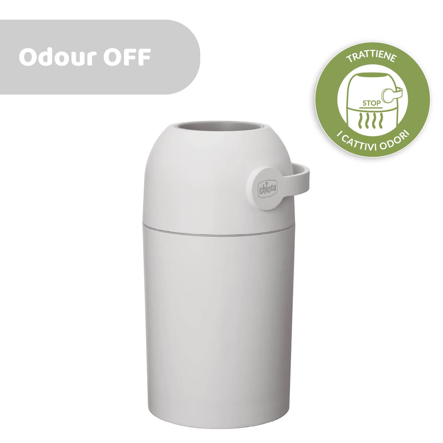 Chicco Mangiapannolini Controlla Odori, Smaltimento Pannolini, Cestino Contenitore Compatto e Salvaspazio, Nessun costo per le Ricariche, Non servono ricariche, si usano i normali Sacchetti, Grigio
