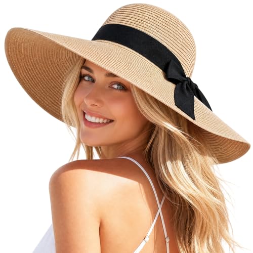 Image of Beach Hat for Women, Wide Brim Sun Straw Hats for Women, Sun Hat Womens UPF 50+ UV Protection, Floppy Foldable Summer Hats