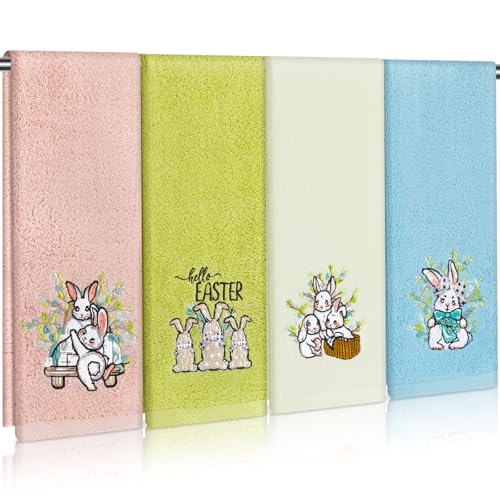 SmoothNovelty 4 PCS Easter Towels Set 29 x 13 Cotton Embroidered Bunny Bathroom Hand Towel Colorful Retro Bunny Rabbit Decorative Soft Hand Towels Absorbent Set for Bunnies Housewarming Gifts
