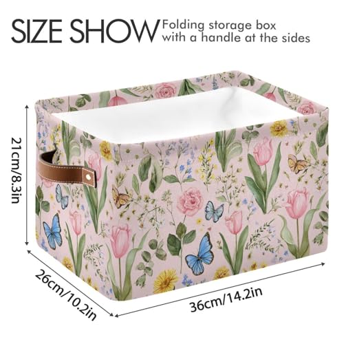 Image of Aslsiy Storage Basket Cute Bright Flowers Easter Nursery Bins Butterfly Pink Canvas Clothes Shelf Basket Laundry Hamper Gift Basket 1 Pcs