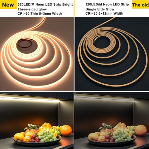 Image of TOPAI Ultra Thin Neon LED Strip Waterproof 3000K Warm White 24V, 5x3mm Triple Sided 180 Lighting, 16.4ft Self Adhesive, CRI>90 320 LED /m Dense Dotless, Flexible & Cuttable (Power Supply Not Included)