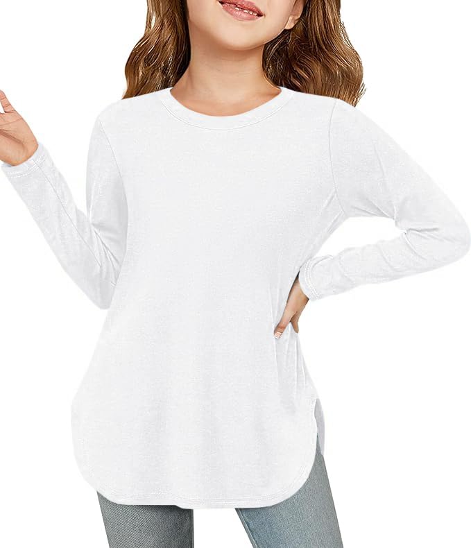 ZDC Girls Long Sleeve Shirts Kids Crewneck Soft Tunic Tops Curve Hem Side Slit T-Shirts 5-14 Years