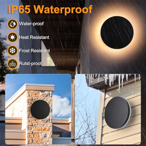Image of Modern Round Outdoor Wall Sconce, 12W LED Wall Light 3000K Warm White, Black Aluminum Waterproof Exterior Light Fixture, Wall Mount Sconces for Porch, Entryway, Doorway and Indoor