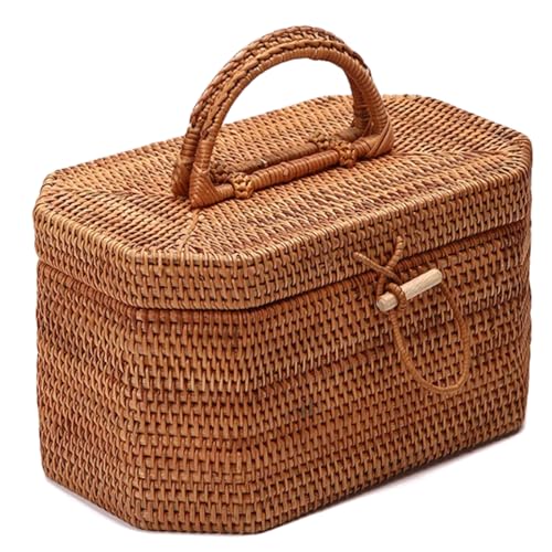 Boîte de rangement en rotin tissé à la main - Boîte d'ornement - Panier de pique-nique - Récipient à thé avec poignée pour pain, fruits, gâteaux
