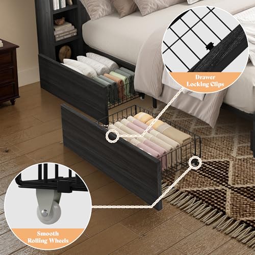 Image of AMERLIFE 45'' Farmhouse King Bed Frame with 4 Drawers, LED Bed Frame with Bookcase Headboard & Side Shelves, Wood Platform Bed with Charging Station, Black