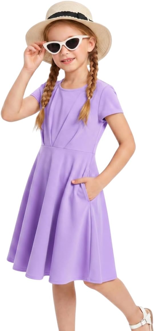 Girls Summer Dress Short Sleeve A-Line Twirl Skater Fit and Flare Dress with Pockets