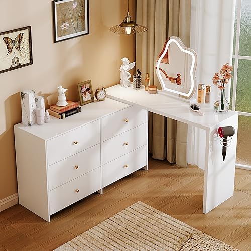 White Vanity Desk with Lighted Mirror - Vanity Table Makeup Vanity with Lights, 3 Color Lighting Modes Adjustable Brightness, 4 Drawers Makeup Table with Soft Cushioned Stool for Bedroom Studio- PIECES MISSING, MIRROR IN PERFECT CONDITION
