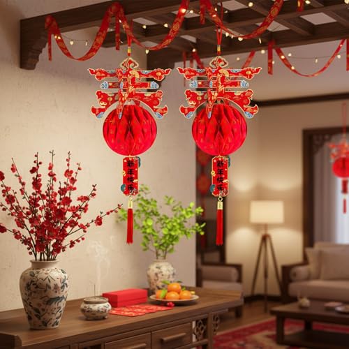 Image of 2PCS Chinese Lanterns Chinese New Year Red Paper Lanterns Chinese Hanging Ornament Festival Lanterns for Spring Festival Decoration (Chun Character)-