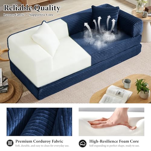 Image of Boneless Couch Futon Sofa Bed Sectional Couches for Living Room,Cloud Couch with Sleeper Sofa,Sofas for Living Room Oversized Corduroy Upholstered (Blue, 76 Inches (No Iron Frame))