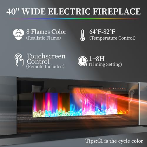 Image of AMERLIFE 80 inch High-Gloss Fireplace TV Stand with 40 inch Electric Fireplace | Gray /Black LED TV Console, Modern Living Room Entertainment Center, Fits TVs up to 90 inch, 2 Cabinets, 2-Tier Storage Space
