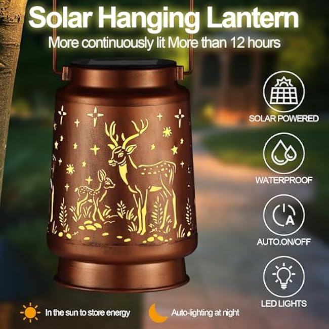 Deer Solar Lanterns Outdoor Waterproof Garden Decor Suitable for Birthday Gifts for Women Mom Grandma Metal Hanging Solar Lights for Outside LED Lantern for Yard Patio Lawn Pathway Landscape