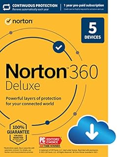Norton 360 Deluxe 2023, Antivirus software for 5 Devices with Auto Renewal - Includes VPN, PC Cloud Backup & Dark Web Monitoring [Download]