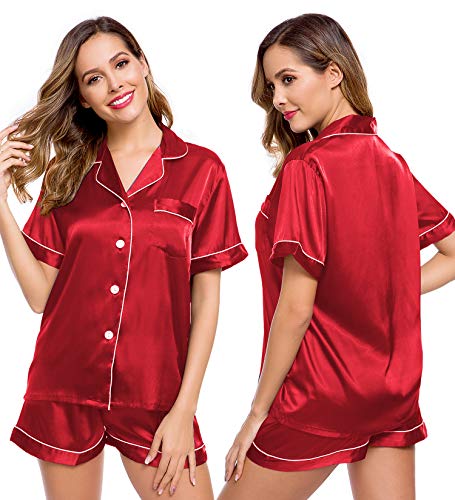 Image of LecGee Womens Silk Satin Pajamas Short Sleeve Loungewear Two-Piece Sleepwear Button-Down Pj Set