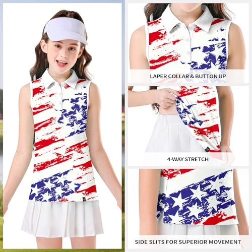 Image of Soneven Girls Sleeveless Polo Shirts Button UP Golf Tennis T-Shirts with Collared Quick Dry Tank Tops for 4-14 Years