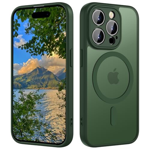ORDA Magnetic for iPhone 15 Pro Case Fit for MagSafe [Full Camera Protection] [Shockproof] Slim Translucent Matte Military-Grade Protection Scratch & Fingerprint Resistant -6.1 Dark Green