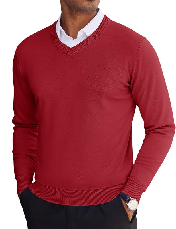 COOFANDY Mens V Neck Dress Sweater Slim Fit Business Casual Dressy Sweater Shirts Long Sleeve Soft Basic Pullover Sweater Deep Red Medium