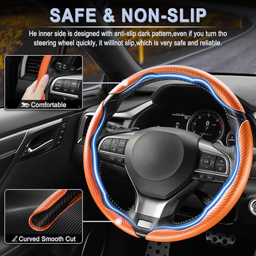 Image of Amiss 3pcs Carbon Fiber Anti-Skid Steering Wheel Cover, Waterproof & Segmented Butterfly Design, Universal 99% Vehicle Wheel Cover Protector, Car Interior Accessories (Orange-3pcs)